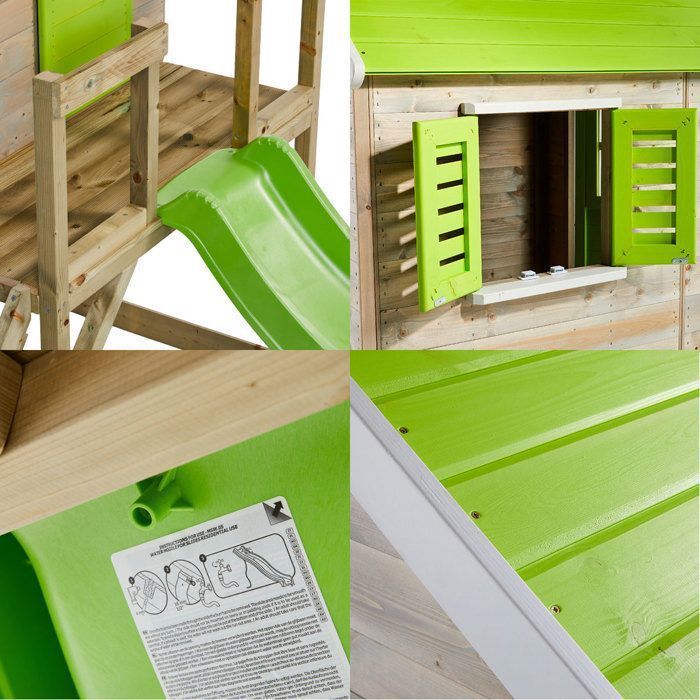 KANGUI Maison de jardin enfant extérieurs avec plateforme, toboggan et double balançoire - Toit étanche - Vert et Blanc
