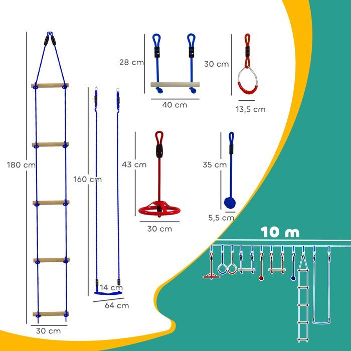 Ninja-hindernisbaan voor kinderen - AIYAPLAY - 10 accessoires - 10 meter slackline en draagtas - blauw