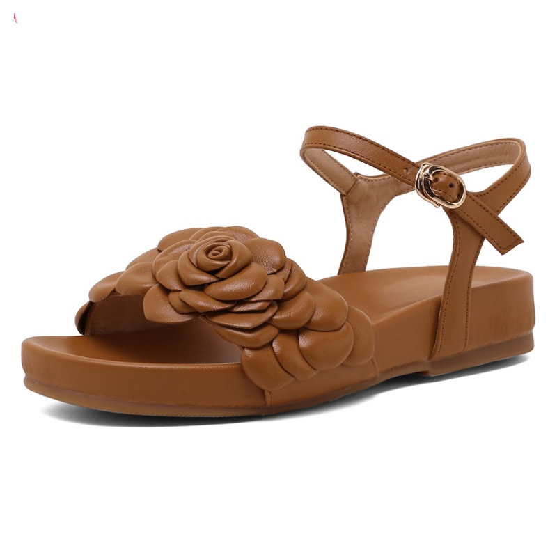 Sandali piatti con plateau e cinturino alla caviglia in vera pelle con fiore, scarpe casual estive da donna, sandali Femmes Sandalias Mujer