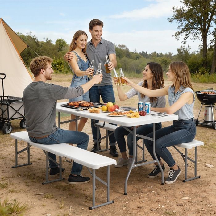 Klappbarer Picknicktisch mit Bänken, 180 cm – Outsunny – Tragegriffe – Tragkraft 240 kg – weiß