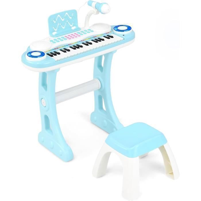 Piano electrónico infantil COSTWAY de 37 teclas con taburete - 4 sonidos de percusión - 8 ritmos - Micrófono - Luz intermitente - Azul