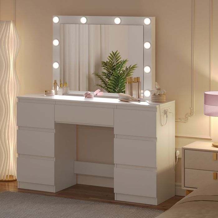 Coiffeuse avec Multiprise - WOLTU Table de Maquillage 7 Tiroirs- Miroir LED Réglable - Espace extra-large - Blanc