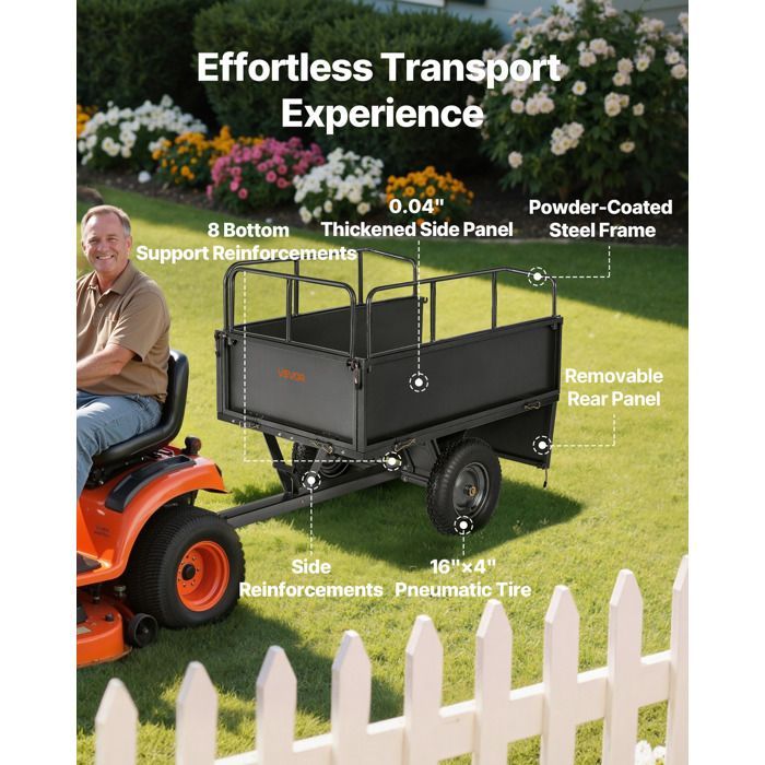 Remolque basculante VEVOR 481 L - Remolque de acero para tractor cortacésped - Capacidad de carga de 272 kg