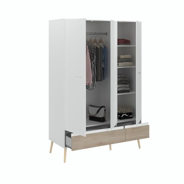 Chambre complète - AALBORG - Scandinave - Blanc / Chêne - Lit 160 x 200 cm, 2 chevets, commode, armoire - PARISOT