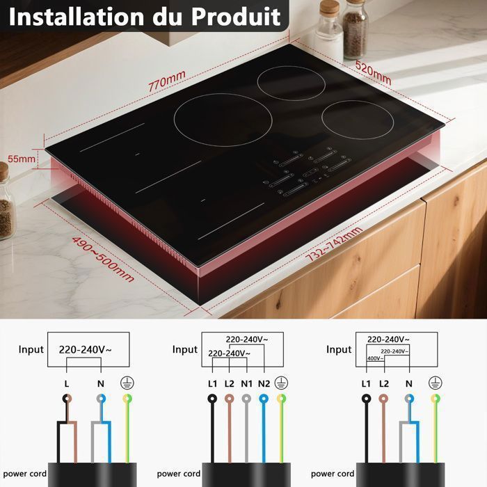 Plaque induction,Table de Cuisson Encastrable,5 Zone Flexible,9 niveaux de chauffage,Boost,Minuterie, Arrêt automatique, 9700W, 77CM