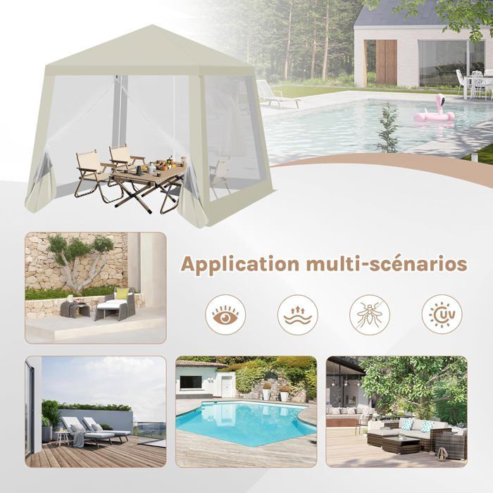 WOLTU Tonnelle de Jardin, Pergola avec Moustiquaire, Tente avec Parois Latérales en Maille, Barnum 3x3x2.5m, Aspect Unique, Beige