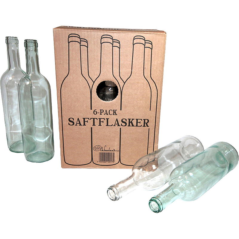 Paquete de 6 botellas vacías de 0,75 litros, de vidrio transparente.
