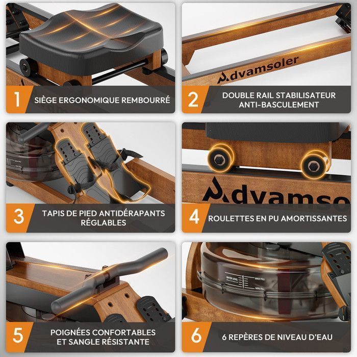 Vogatore ad acqua pieghevole - ADVAMSOLER - HCQ-51-A - Serbatoio da 15 litri - Kinomap Bluetooth - Legno massello di quercia