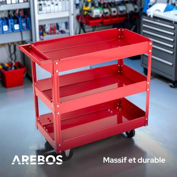 Carro de taller AREBOS de acero reforzado con 3 niveles de almacenamiento, capacidad de 120 kg, ruedas giratorias y fácil montaje.