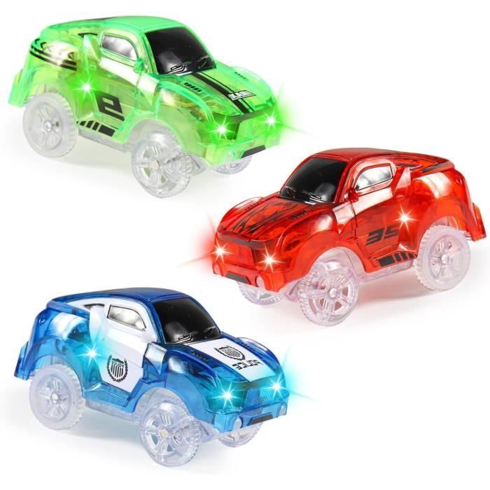 Pista de carreras para coches, pista de coches para niños, paquete de 3 (coche de carreras rojo y verde, coche de policía azul) con 5 luces.