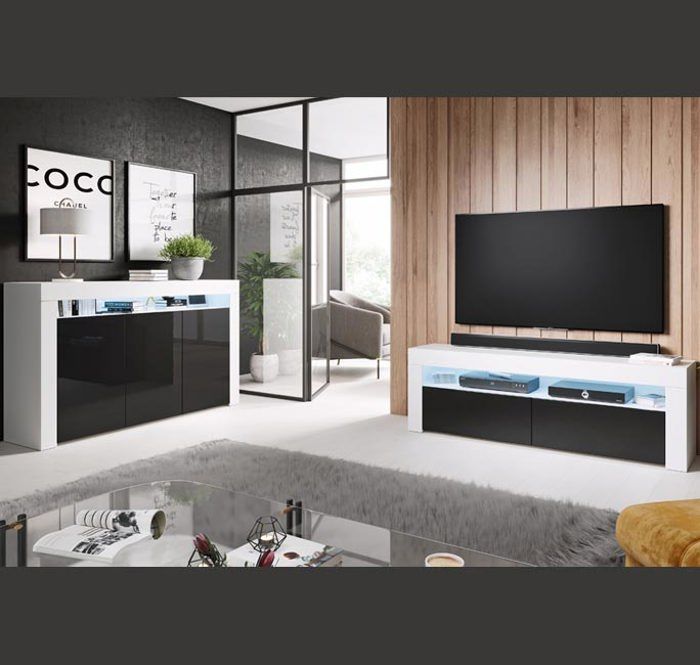Aparador LED de 3 puertas | 155 x 91,5 x 37 cm | Acabado brillante blanco y negro | Almacenamiento | AKER