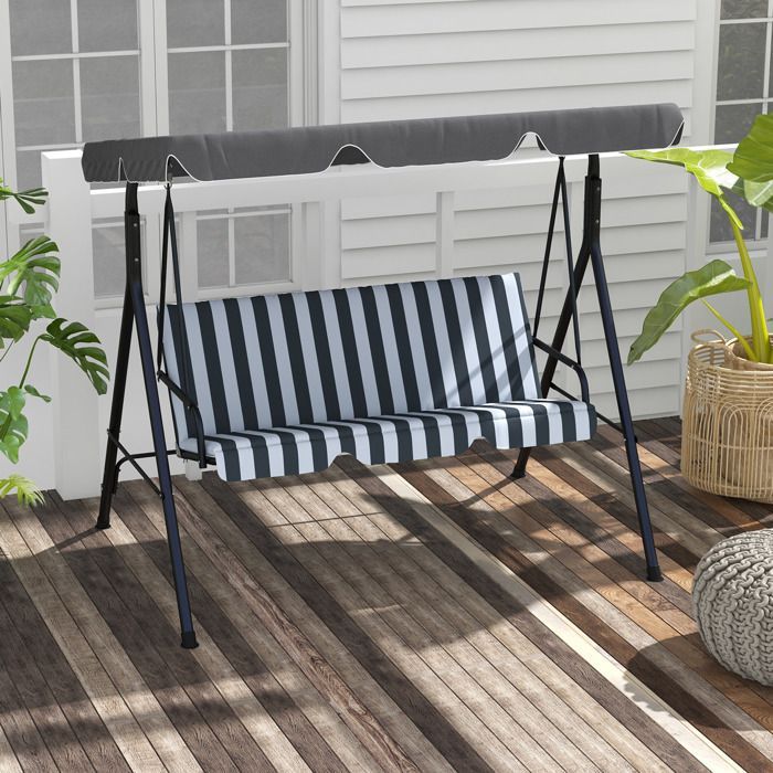 Columpio de jardín Outsunny - 3 plazas - toldo con inclinación ajustable - cojines - 1,72 x 1,1 x 1,53 m - acero negro, poliéster gris