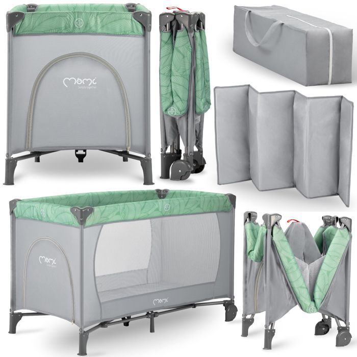 MoMi BELOVE – Lit Parapluie Bébé Pliant – Matelas + Sac de Transport – Accès Latéral – 2 Roulettes – Jade