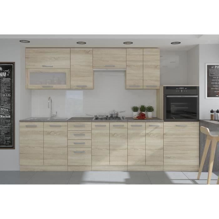 Cocina completa LASSEN L 300 cm con horno y campana extractora de media columna - Acabado roble Sonoma
