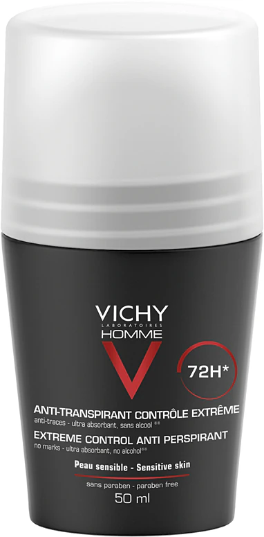 Desodorante antitranspirante roll-on Vichy Homme contra transpiração excessiva.