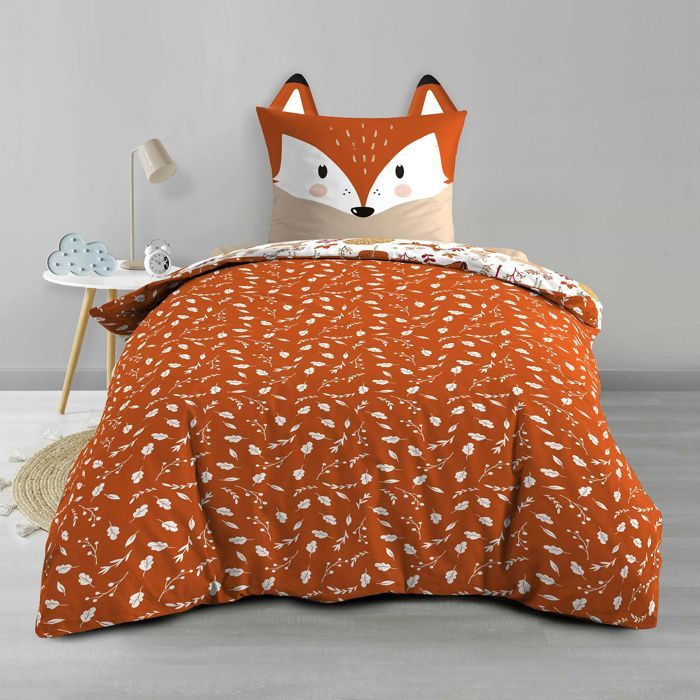 Copripiumino per bambini 140 x 200 cm + 1 federa – ROXY – 42 fili – Reversibile con federa con testa di volpe