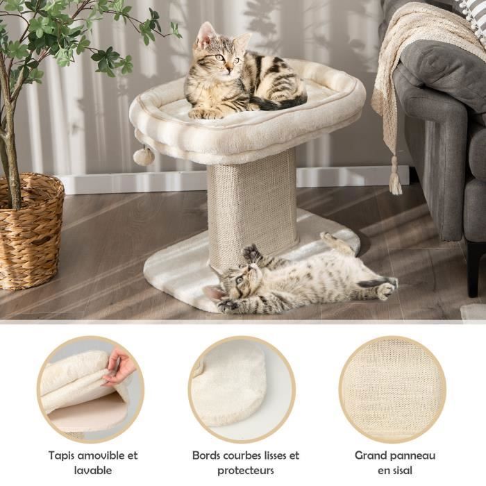 COSTWAY Arbre à Chat en Forme de Tour 50CM-Lit Grand Perchoir en Peluche-Pompons Suspendus-Tour à Gratter en Sisal pour