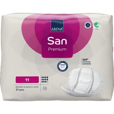 Abena San Premium 360 -vuotosuojat, 11 inkontinenssisuojaa, anatominen muoto, 21 kpl