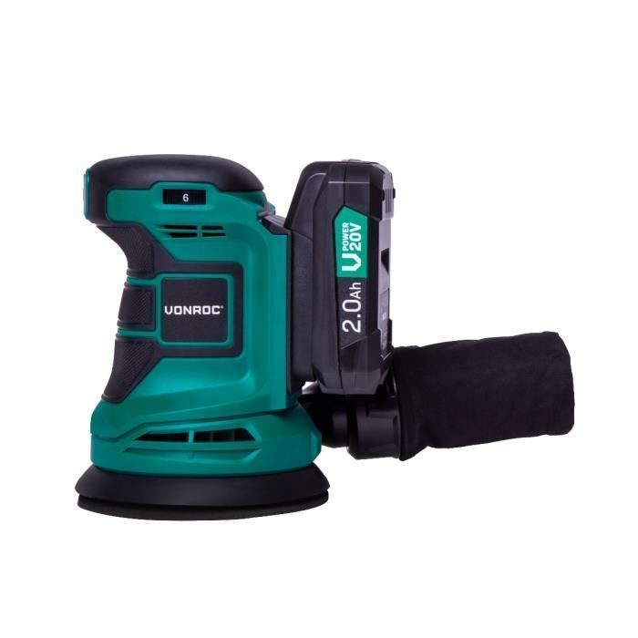 Ponceuse orbitale excentrique sans fil 20V - Ø125mm - 1 Batterie 2.0 Ah, chargeur de batterie, sac de poussière et 12 feuilles
