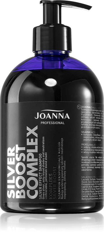 Shampoo roxo Joanna Silver Boost Complex neutraliza tons amarelados.