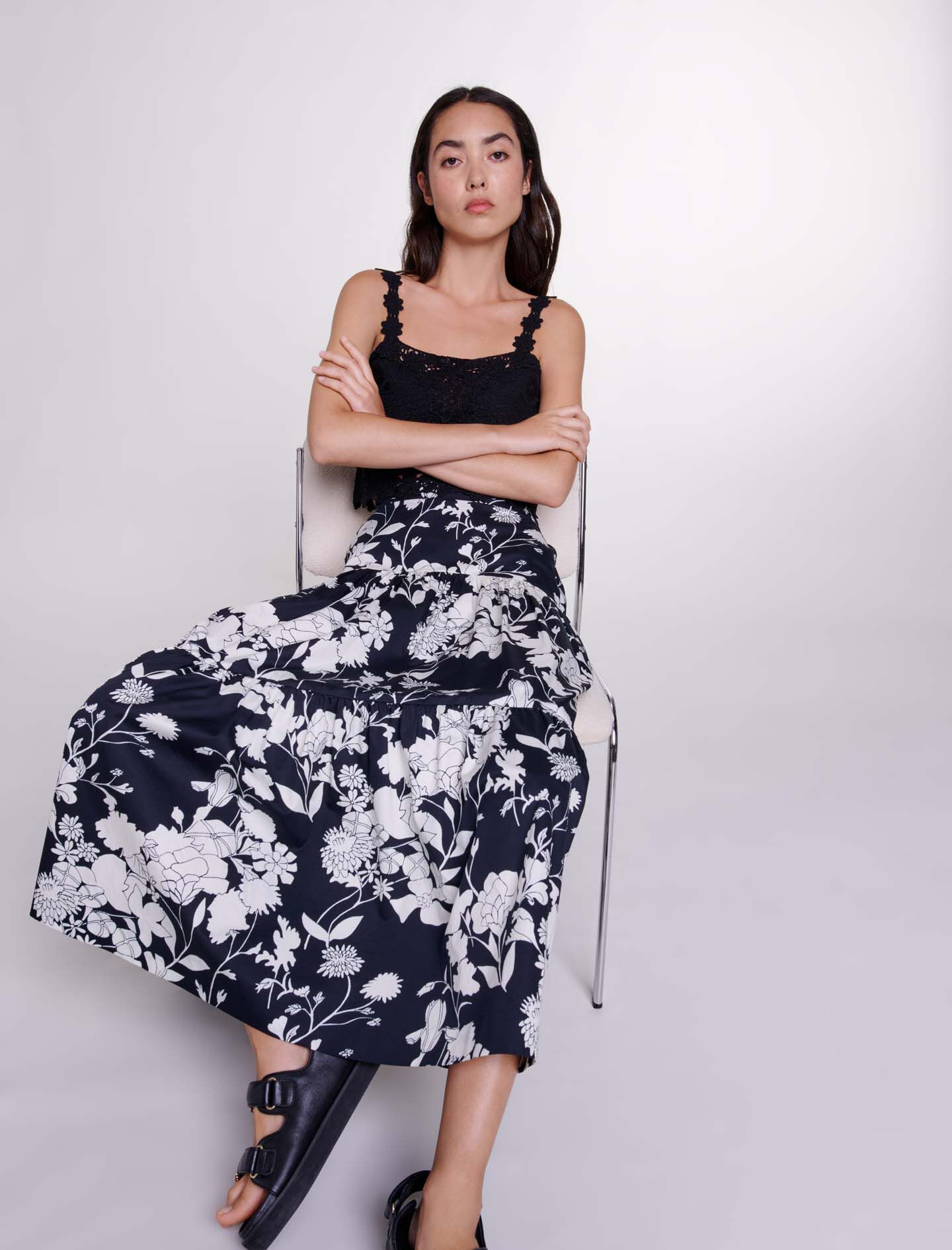 Lange rok met bloemenprint - Bloemenprint écru noir