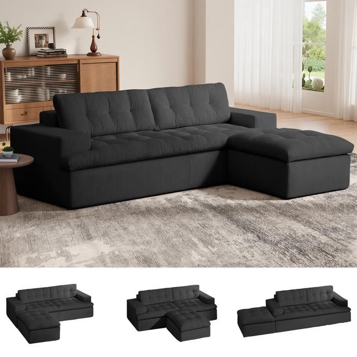 Divano angolare nero di dimensioni 215*175*48 cm, con poggiapiedi removibile/convertibile, moderno divano Cloud a forma di L con seduta profonda