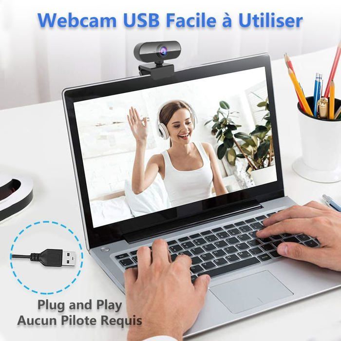 Webcam per PC, webcam Full HD 1080P con microfono, ruotabile a 360°, USB, plug and play, per video e registrazioni.