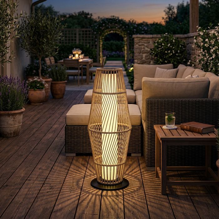 Lanterna solare da esterno - lampada da terra a LED per esterni - Outsunny - sensore di luce - resina intrecciata - 26x26x68cm - sabbia