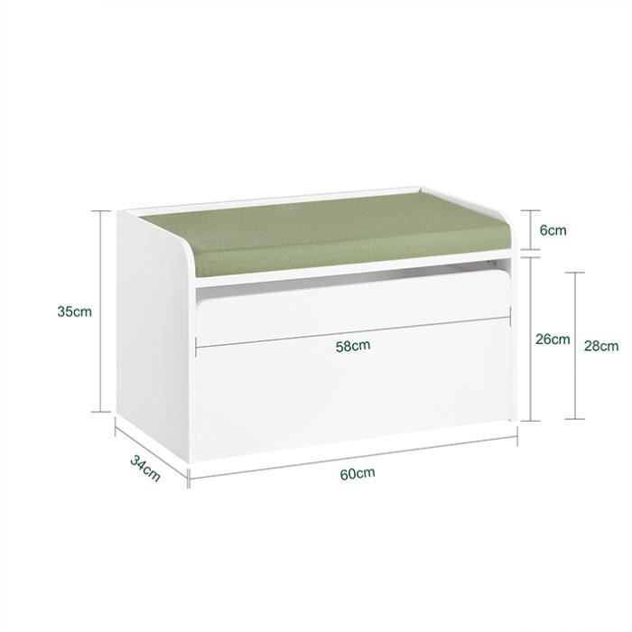 Coffre à Jouet KMB80-W SoBuy - 1 Tiroir à Roulettes et Assise Coussin Rembourré pour Enfants - Blanc - 60x34x35 cm