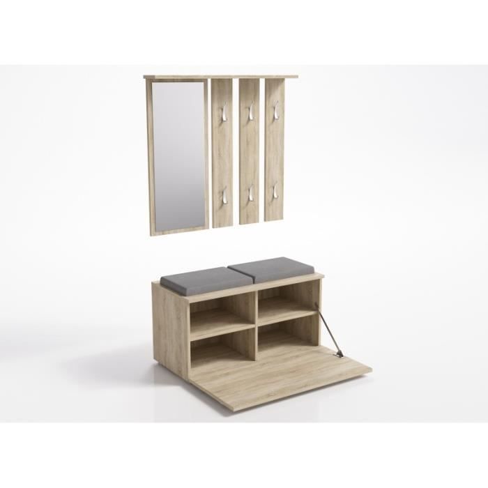 KATHI - Mueble de recibidor con espejo y banco - Dimensiones 41x85x180 cm - Banco para guardar zapatos - 6 ganchos - Perchero