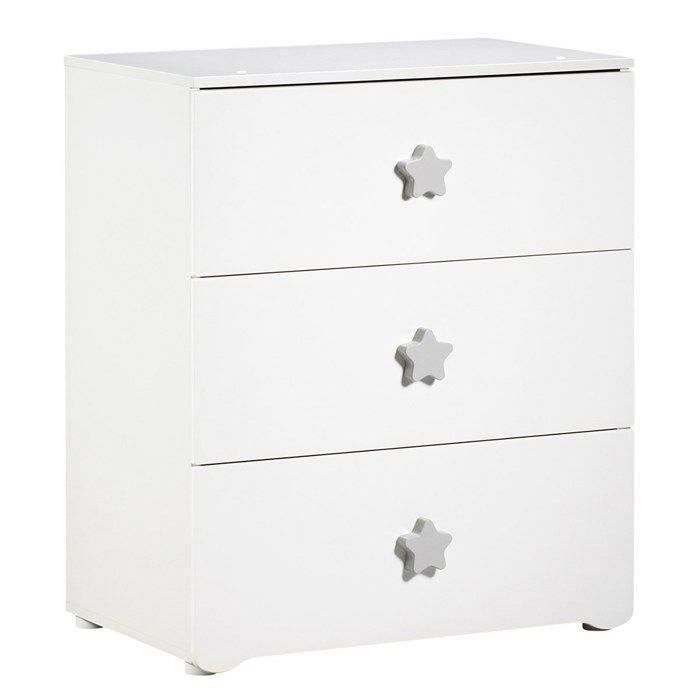 Commode à langer - Babyprice - Basic - 3 tiroirs - Blanche - Boutons étoiles grises
