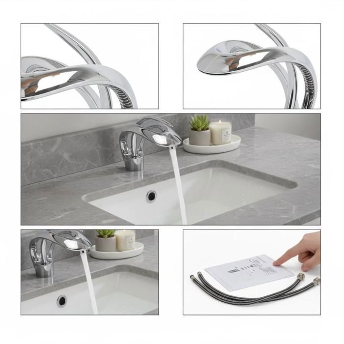 Rubinetto da bagno a cascata, elegante miscelatore per lavabo, acqua calda e fredda disponibili, finitura cromata.