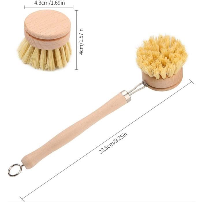 Brosse a Vaisselle De Cuisine, Brosse À Vaisselle Longue Manche,Brosses De Nettoyage En Bois Avec 3 Têtes De Rechange - 1Set
