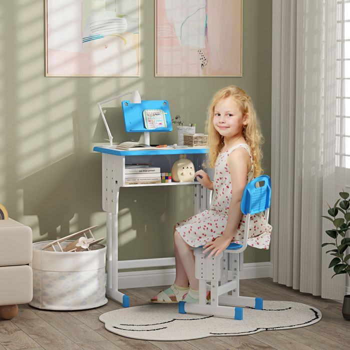 Escritorio y silla infantil HOMCOM con atril de lectura, compartimento de almacenamiento, gancho y portalápices - altura regulable - 60 x 45 x 90-102 cm