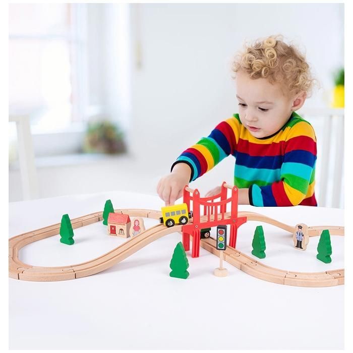 Tren de juguete de madera - 39 piezas - Con vías, puente y vehículos para niños de 3 a 6 años - Compatible con otros trenes