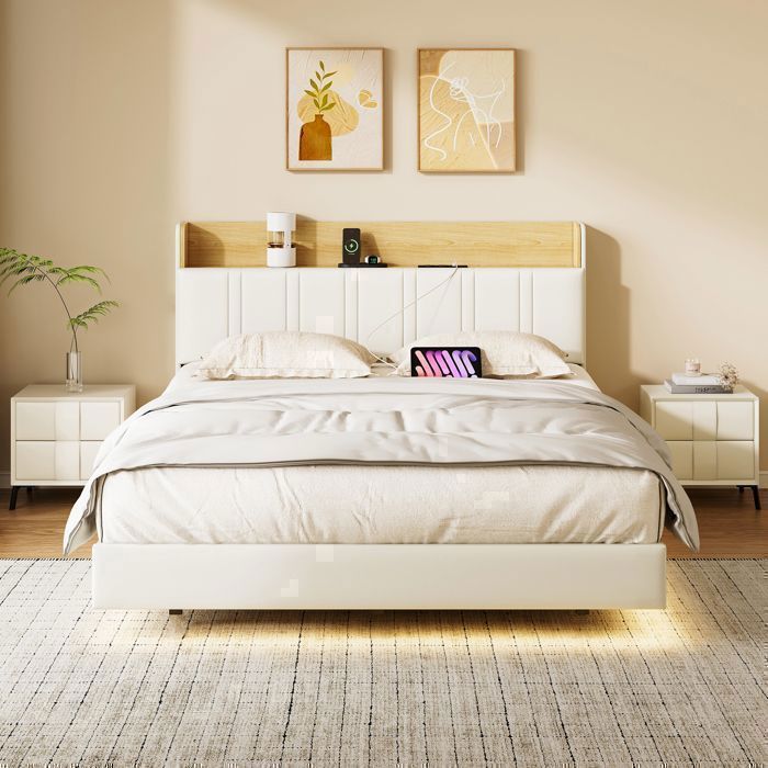 140x190 cm bed met lattenbodem - Tweepersoonsbed voor volwassenen met hoofdbord en opbergruimte - Zwevend bed met led- en usb-aansluiting - Geïntegreerd stopcontact - Wit PU