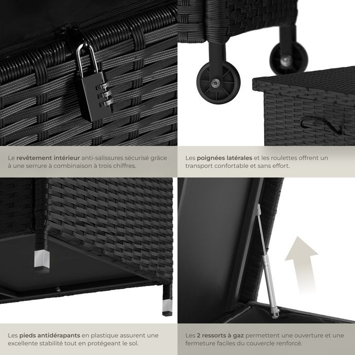 Almacenamiento exterior - TECTAKE - KIRUNA, caja de almacenamiento de jardín de poliratán con asas y 2 ruedas, 121 x 56 x 60 cm, 270 L - Negro