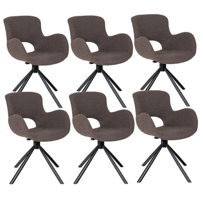 HERMOS - Juego de 6 sillas de comedor de tela bouclé color topo con base giratoria de metal negro.