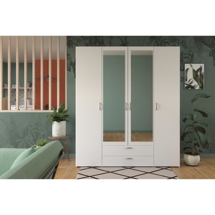 VARIA Kledingkast - Witte afwerking - 4 draaideuren + 2 spiegels + 2 lades - B 160 x H 185 x D 51 cm - PARISOT