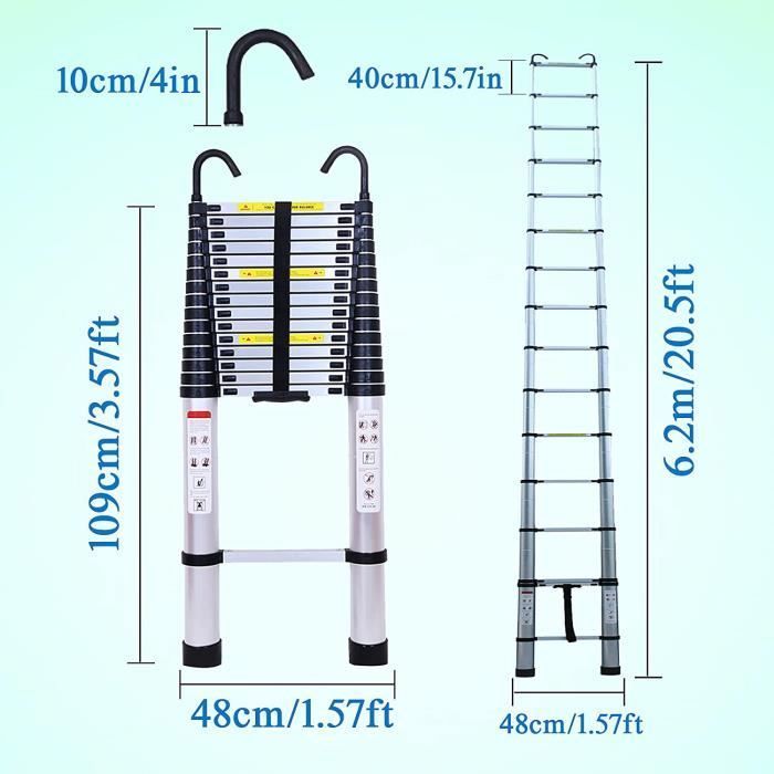 Aluminum telescopic ladder - 6.2 m - 20.3 ft - Extra long extendable ladder - With 2 hooks - Detachable