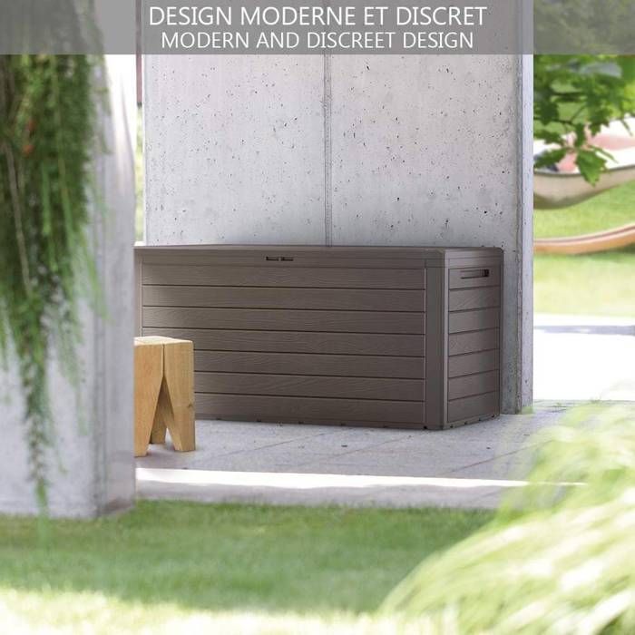 VOUNOT® Tuinopbergbox met handgrepen 280L - Buitenopbergkist van PP - 116x44x55cm - Bruine houtstijl