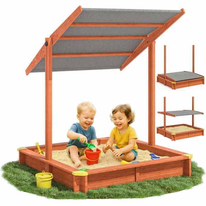 Spielwerk SAMI 120x120cm Spruce Wood Sandpit with Adjustable UV-Protective Roof for Outdoor Children's Play in the Garden