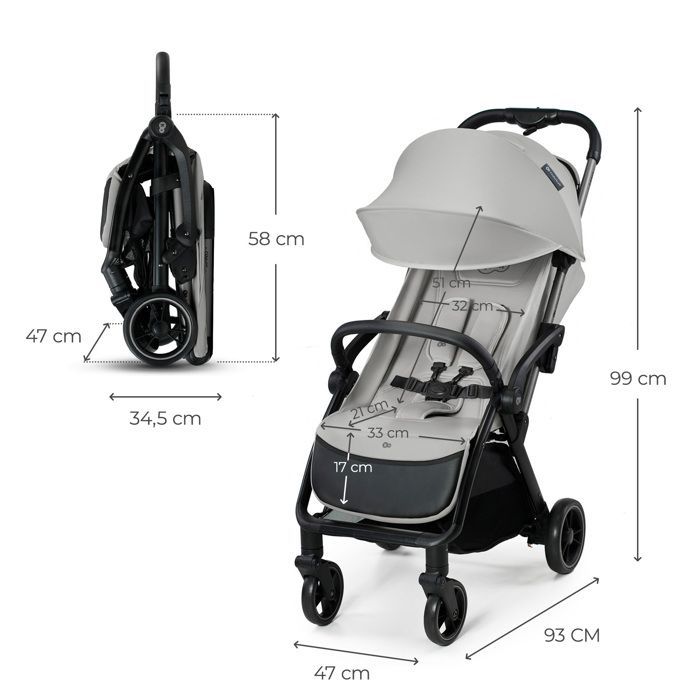 Poussette canne jusqu'à 22 kg Kinderkraft APINO, Pliage automatique, Imperméable, Poids de seulement 7,5 kg, Gris