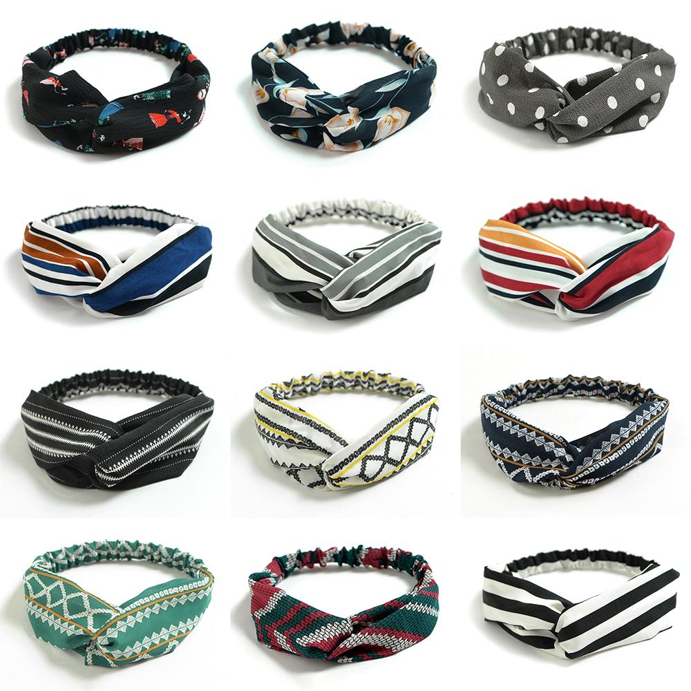 Faixas de cabelo boêmias da moda, estampadas, retrô, com nó cruzado, estilo turbante, acessórios para cabelo femininos.