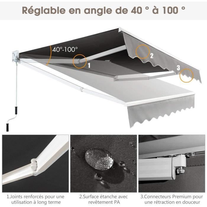 RELAX4LIFE Store Banne Rétractable Manuel en Alu, Angle Ajustable 40°-100°, pour Balcon, Fenêtre, Terrasse, Jardin, 245x200cm, Gris