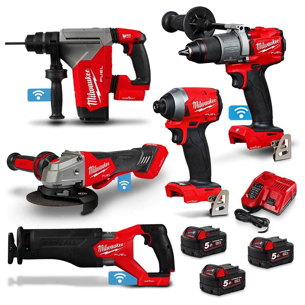 Pacote de baterias Milwaukee FUEL™ ONE-KEY™ sem escova de 18V, 5 peças, 3 x 5,0 Ah M18ONEPP5B2503B