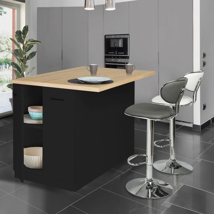 IDMARKET Ilot central IVO 120 cm bois noir avec plan de travail façon hêtre