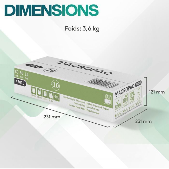ACROPAQ 10 Thermal Checkout Rolls 80x80x12mm - 92.2m - Payment Terminals - 10 EFT Rolls - BPA Free - Universal Size