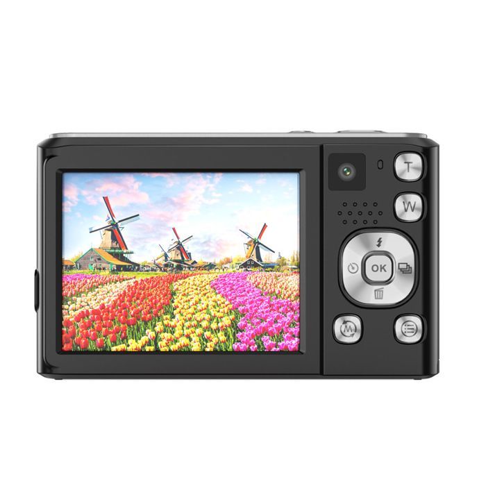 Câmera digital INF 4K HD com lentes frontal e traseira e estabilização, preta.