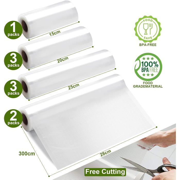 Bolsas para envasar al vacío para alimentos, 9 rollos de 15/20/25/28 x 300 cm, película resistente al desgarro sin BPA de 150 µm